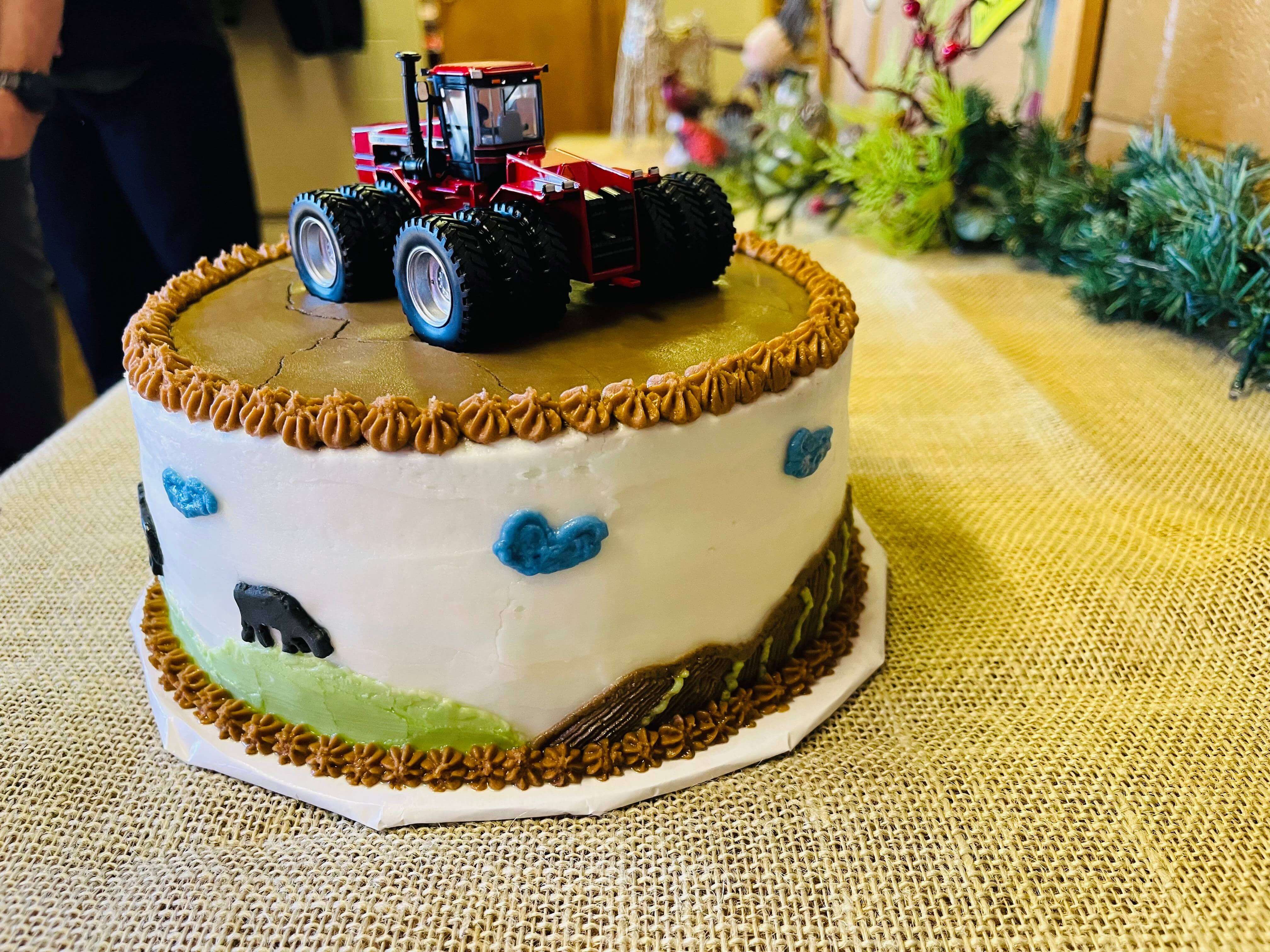 Three-layer 8-inch round yellow cake decorated with three farm scenes.